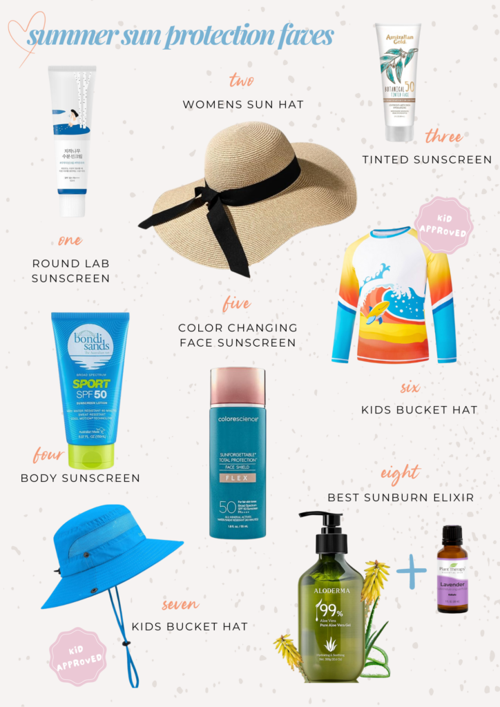 collage of various sun protection creams and accessories